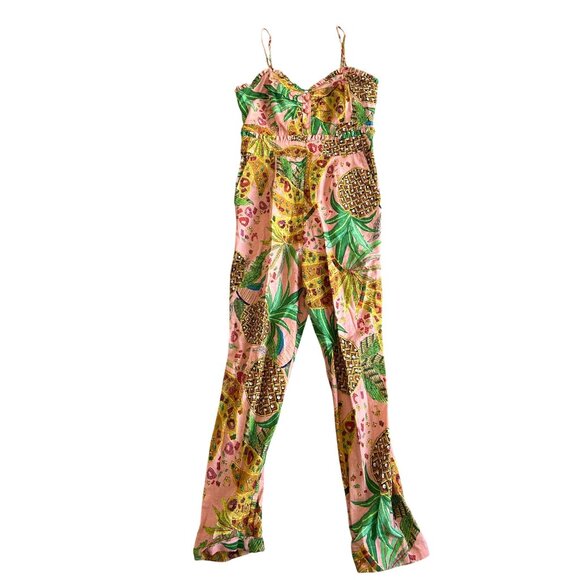 Farm Rio Womens Sz XS Smocked Jumpsuit Tropical Fruit Design /Pockets - Picture 13 of 13